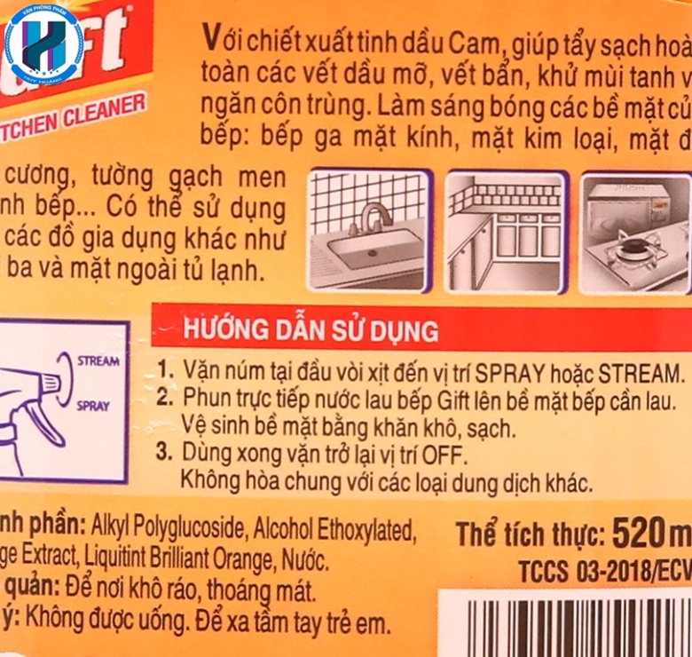 Nước lau bếp orange power tinh dầu cam Gift chai 520ml